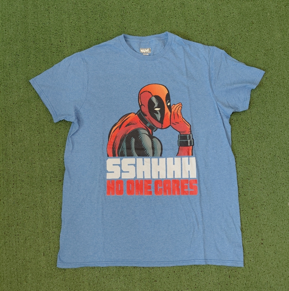 Marvel Deadpool No One Cares Funny Blue T Shirt Sz Large